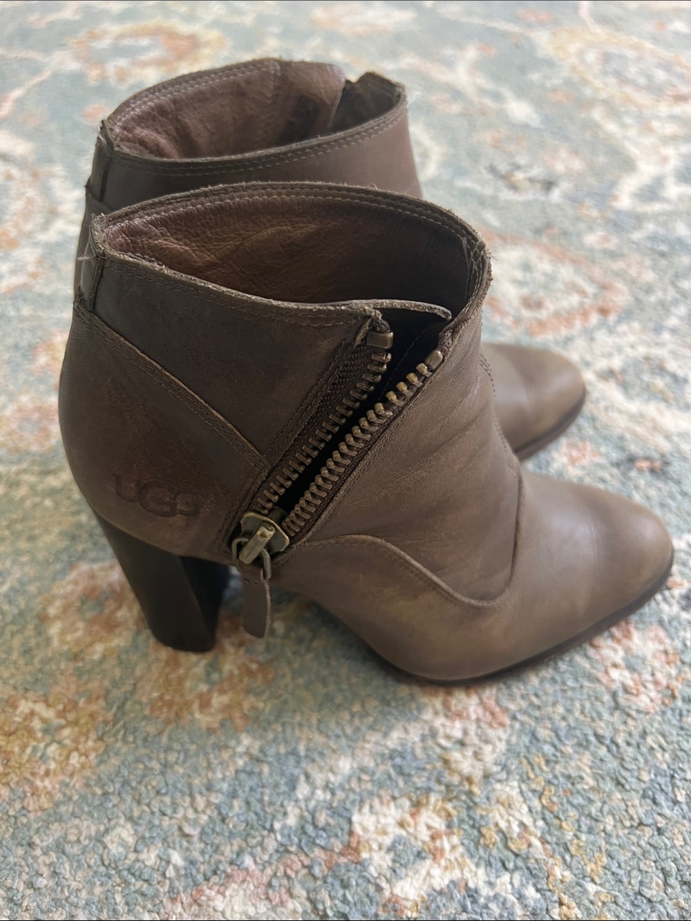 UGG Brown Leather Ankle Booties with Side Zip and Stacked Heel